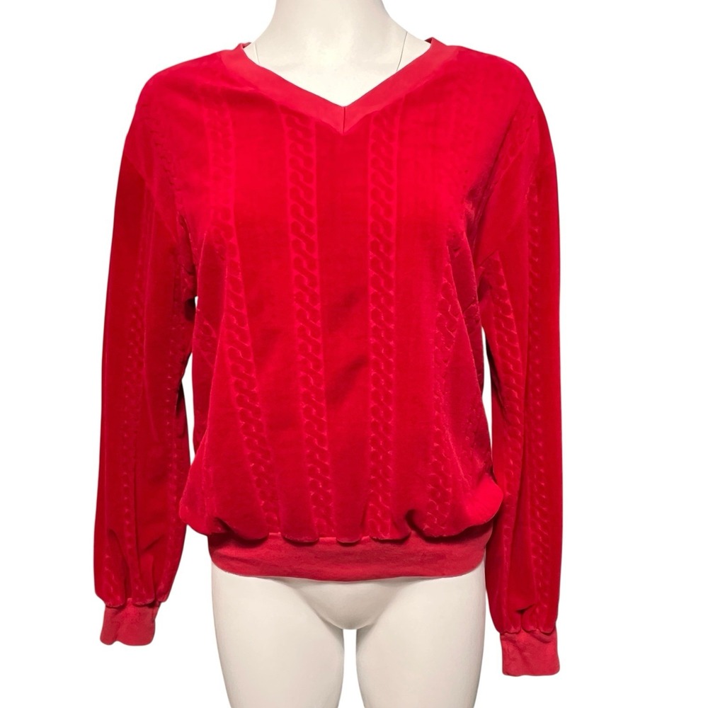 Vtg 70s Velour Top Mens Womens Unisex 42" Red Cable Texture Holiday Christmas
